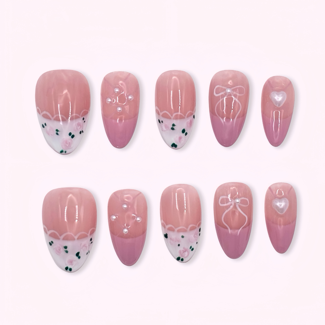 Pinkie Promise Nails Press-Ons Reusable Best Press-on Nails Salon Quality Nails at home Celeste Short Almond Press-On Nails, Set of pink and white nail designs cute coquette floral