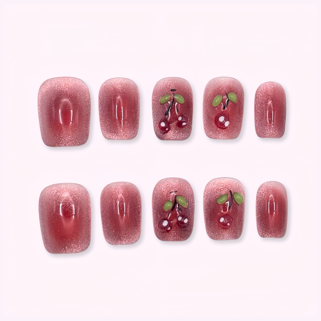 Pinkie Promise Nails Press-Ons Reusable Best Press-on Nails Salon Quality Nails at home Cherri Extra Short Squoval Press-On Nails, Set of red nail art designs with cherries