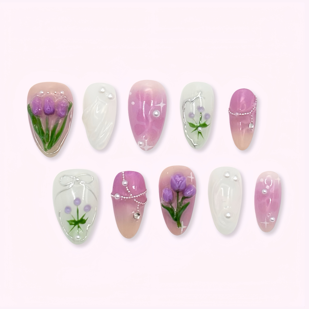 Pinkie Promise Nails Press-Ons Reusable Best Press-on Nails Salon Quality Nails at home Ester Short Almond Press-On Nails, Set of nail art designs with floral and gradient patterns
