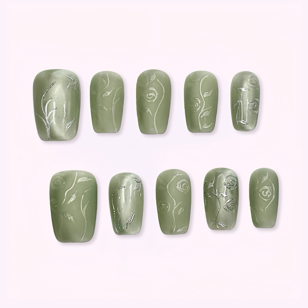 Pinkie Promise Nails Press-Ons Reusable Best Press-on Nails Salon Quality Nails at home Jade Medium Squoval Press-On Nails, Set of green nail art designs