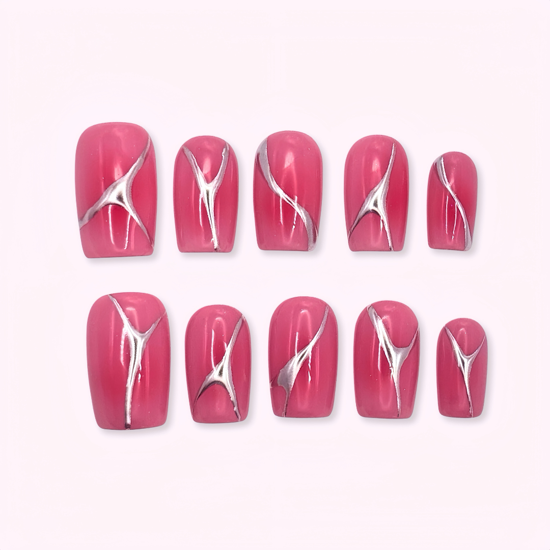 Pinkie Promise Nails Press-Ons Reusable Best Press-on Nails Salon Quality Nails at home Kim Medium Square Press-On Nails Pink Chrome Design Nails