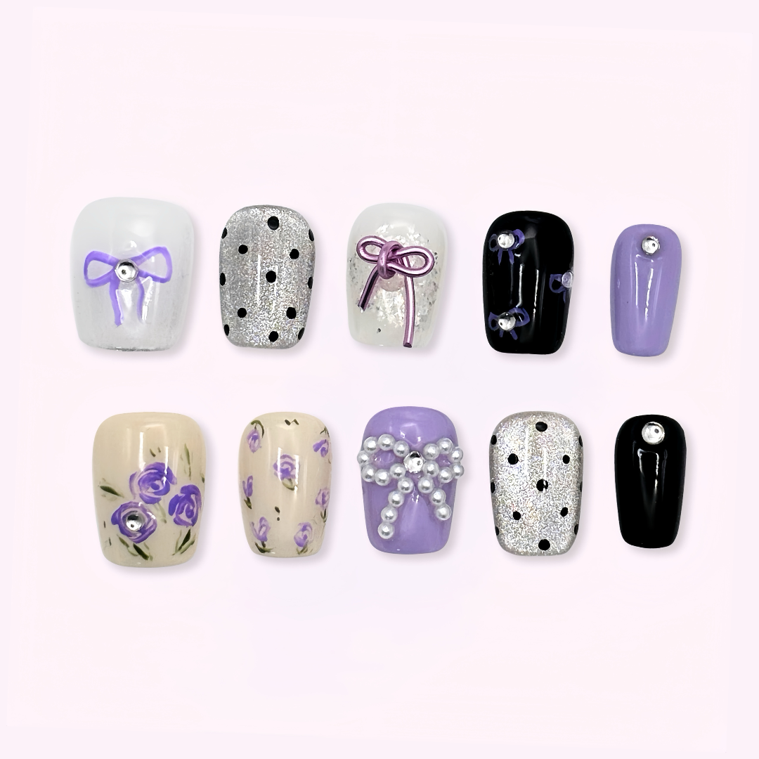 Pinkie Promise Nails Press-Ons Reusable Best Press-on Nails Salon Quality Nails at home Kitty Extra Short Squoval Press-On Nails, Collection of nail art designs with flowers and bows