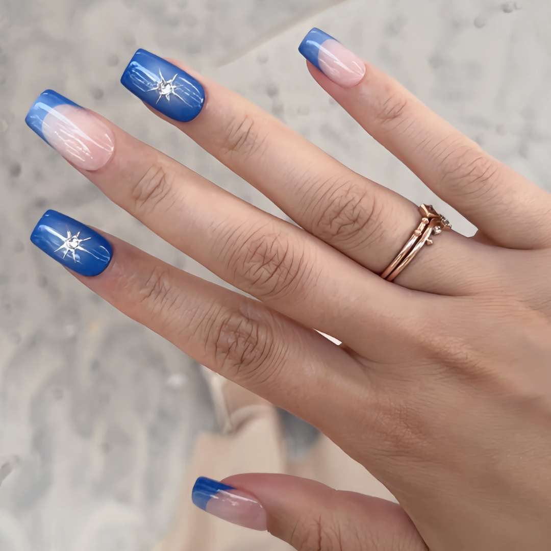 Pinkie Promise Nails Press-Ons Reusable Best Press-on Nails Salon Quality Nails at home Nova Medium Square Hand Image Build Your Kit Press-On Nails, Hand with blue and white gradient nails with stars