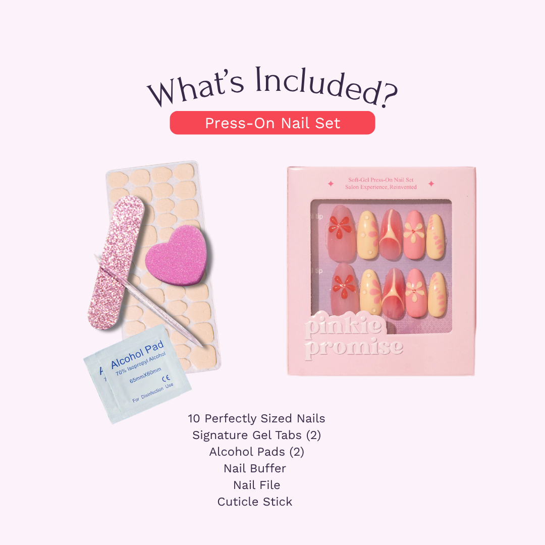 Pinkie Promise press-on nail set with packaging, nails, and accessories on a white background. Pinkie Promise Nails Press-Ons Reusable Best Press-on Nails Salon Quality Nails at home Press-On Nails