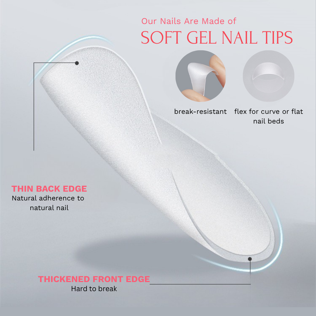 White soft gel nail tip with text explaining its features pinkie promise nails