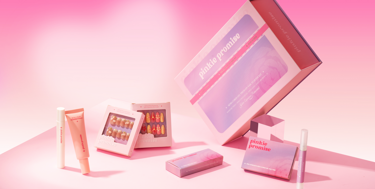 Pinkie Promise Nails Press-Ons Reusable Best Press-on Nails Salon Quality Nails at home Build Your Kit Press-On Nails, Makeup products with 'pinkiepreneur' branding on a pink gradient background