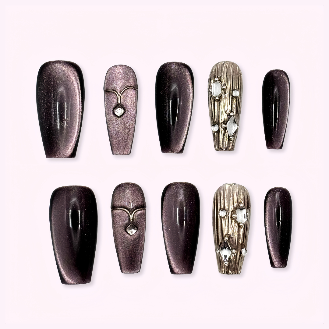 Pinkie Promise Nails Press-Ons Reusable Best Press-on Nails Salon Quality Nails at home Adele Long BallerinaPress-On Nails  Set of decorative press-on nails with metallic and gemstone designs on a white background