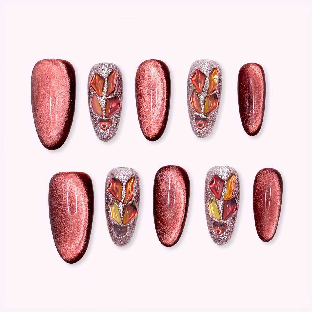 Pinkie Promise Nails Press-Ons Reusable Best Press-on Nails Salon Quality Nails at home Alicia Long Oval Press-On Nails Nail art designs with metallic and glittery finishes on a white background