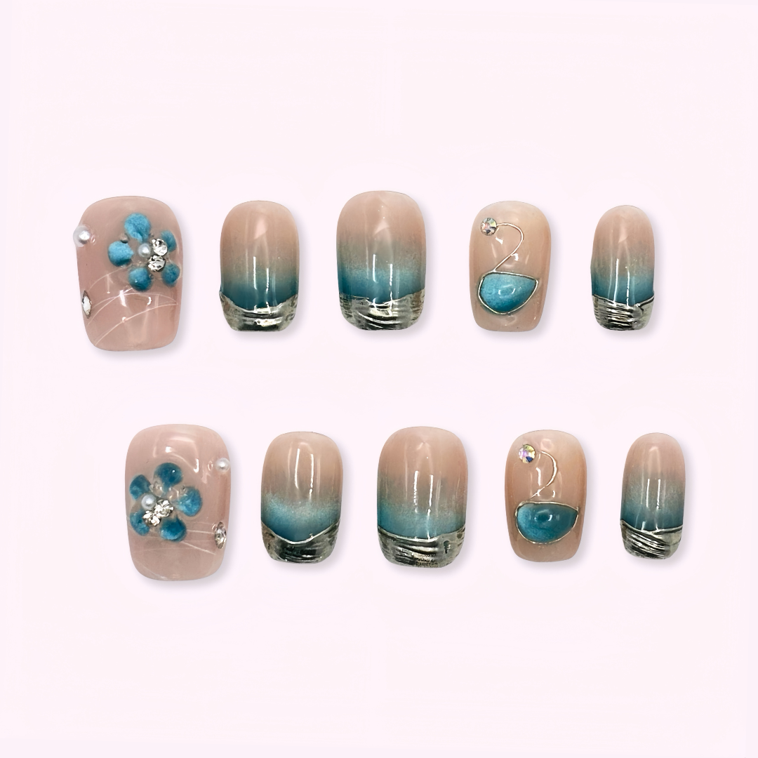 Pinkie Promise Nails Press-Ons Reusable Best Press-on Nails Salon Quality Nails at home Bleu Extra Short Squoval Press-On Nails, Set of nail art designs with beige, blue, and silver elements 