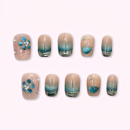 Pinkie Promise Nails Press-Ons Reusable Best Press-on Nails Salon Quality Nails at home Bleu Extra Short Squoval Press-On Nails, Set of nail art designs with beige, blue, and silver elements 