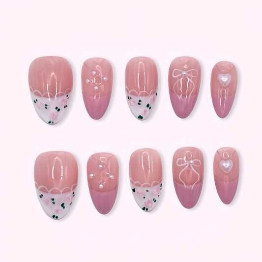 Pinkie Promise Nails Press-Ons Reusable Best Press-on Nails Salon Quality Nails at home Celeste Short Almond Press-On Nails, Set of pink and white nail designs cute coquette floral 