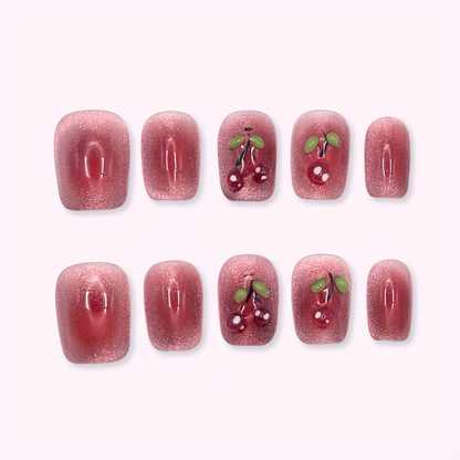 Pinkie Promise Nails Press-Ons Reusable Best Press-on Nails Salon Quality Nails at home Cherri Extra Short Squoval Press-On Nails, Set of red nail art designs with cherries 