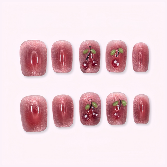 Pinkie Promise Nails Press-Ons Reusable Best Press-on Nails Salon Quality Nails at home Cherri Extra Short Squoval Press-On Nails, Set of red nail art designs with cherries 