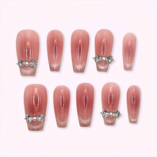 Pinkie Promise Nails Press-Ons Reusable Best Press-on Nails Salon Quality Nails at home Destiny Long Ballerina Press-On Nails, Set of pink nail extensions with decorative bows 