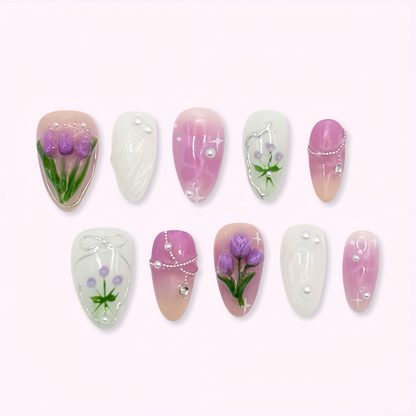 Pinkie Promise Nails Press-Ons Reusable Best Press-on Nails Salon Quality Nails at home Ester Short Almond Press-On Nails, Set of nail art designs with floral and gradient patterns 