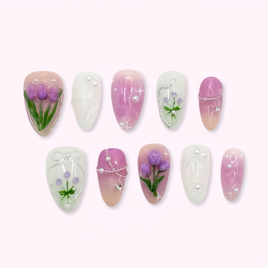 Pinkie Promise Nails Press-Ons Reusable Best Press-on Nails Salon Quality Nails at home Ester Short Almond Press-On Nails, Set of nail art designs with floral and gradient patterns 