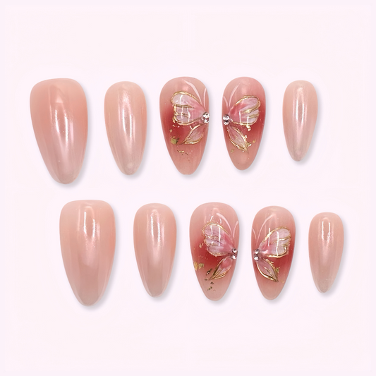 Pinkie Promise Nails Press-Ons Reusable Best Press-on Nails Salon Quality Nails at home Faye Medium Almond Press-On Nails Set of nail art designs with floral patterns 
