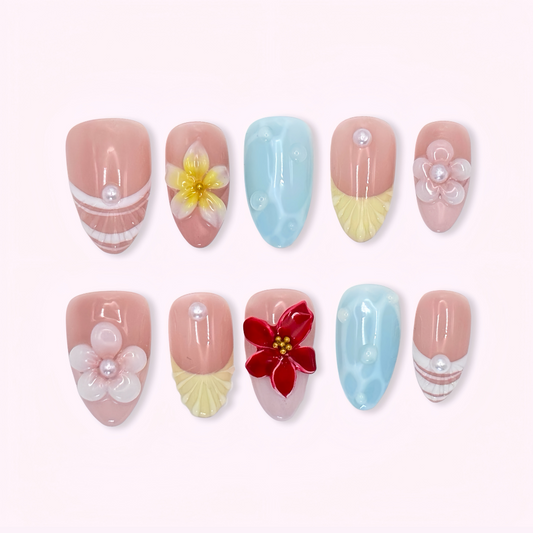 Pinkie Promise Nails Press-Ons Reusable Best Press-on Nails Salon Quality Nails at home Isla Short Almond Press-On Nails, Set of nail art designs with flowers and pearls 