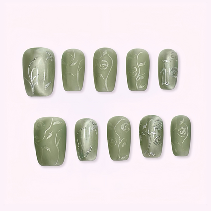 Pinkie Promise Nails Press-Ons Reusable Best Press-on Nails Salon Quality Nails at home Jade Medium Squoval Press-On Nails, Set of green nail art designs