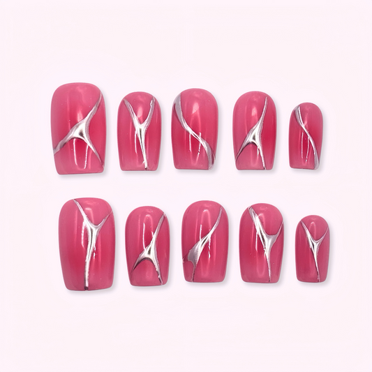 Pinkie Promise Nails Press-Ons Reusable Best Press-on Nails Salon Quality Nails at home Kim Medium Square Press-On Nails Pink Chrome Design Nails