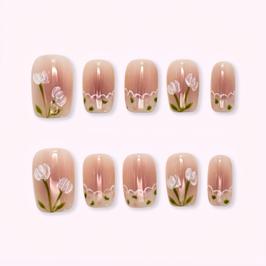 Pinkie Promise Nails Press-Ons Reusable Best Press-on Nails Salon Quality Nails at home Petal Extra Short Squoval Press-On Nails, Nail art with floral designs