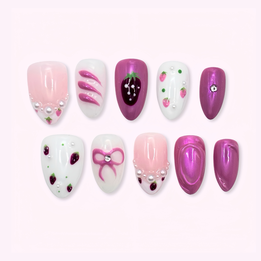 Pinkie Promise Nails Press-Ons Reusable Best Press-on Nails Salon Quality Nails at home Pink Short Amond Press-On Nails, Set of decorative nail art designs fruity strawberry