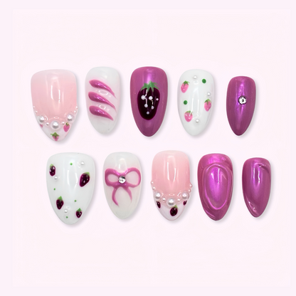 Pinkie Promise Nails Press-Ons Reusable Best Press-on Nails Salon Quality Nails at home Pink Short Amond Press-On Nails, Set of decorative nail art designs fruity strawberry