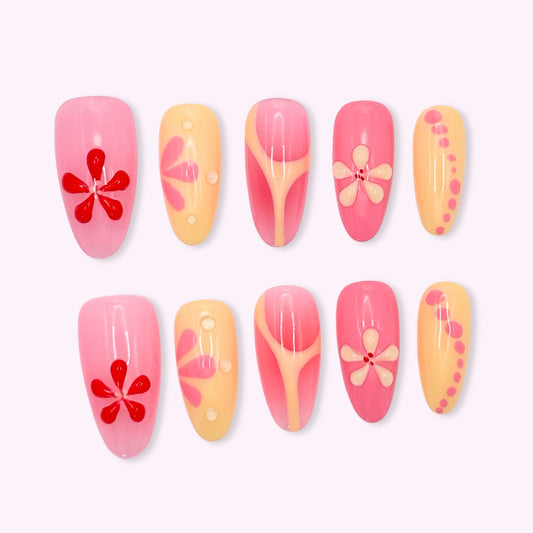 Pinkie Promise Nails Press-Ons Reusable Best Press-on Nails Salon Quality Nails at home Sunny Long Oval Press-On Nails Hawaiian Nails Pink Yellow Butter Nails Flowers